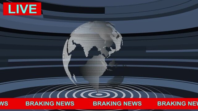 Breaking news broadcast studio background, featuring a rotating, digital 3 d, globe animation with, live overlay and, red lower third, ticker for global, media journalism and, television production
