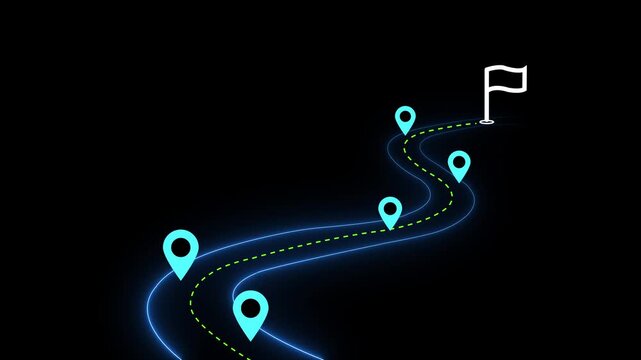 Animated glowing digital map path with multiple cyan location pin markers and a white finish line flag on a deep black background, travel planning, logistics, and navigation concepts
