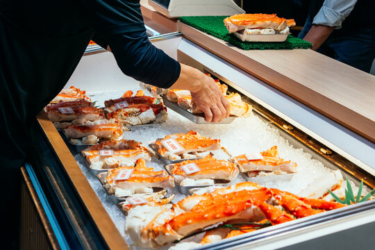 Pieces of crab on sale at the Kuromon Ichiba market in Osaka, Japan.