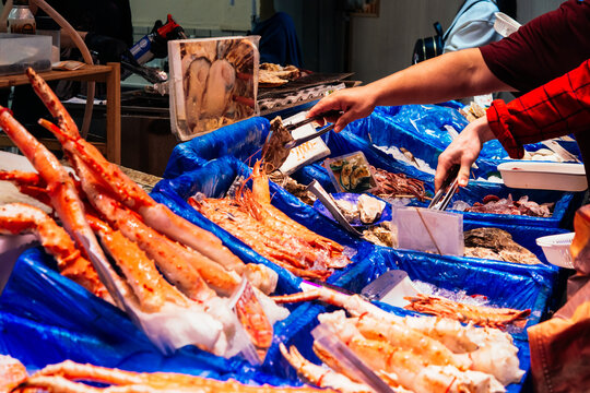Pieces of crab on sale at the Kuromon Ichiba market in Osaka, Japan.