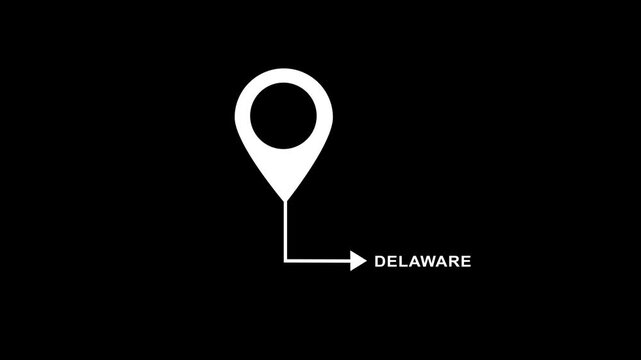 Minimalist white map location pin animation pointing to delaware text label on a clean black background, for travel, logistics, navigation, business, and, geographic data visualization projects