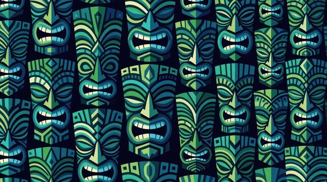 Seamless pattern of Polynesian tiki masks. Tribal wood carving art with geometric shapes in blue, green colors. Exotic oceania culture icons repeat for wallpaper textile design. Tropical island totem