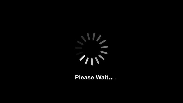 Minimalist rotating loading spinner with please wait text overlay on a clean black background, for digital interface, software buffering animation, web progress indicator, and user experience