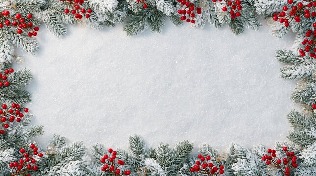 Snow-covered spruce branches, red berries, and gold ornaments frame a Christmas card border Generative AI