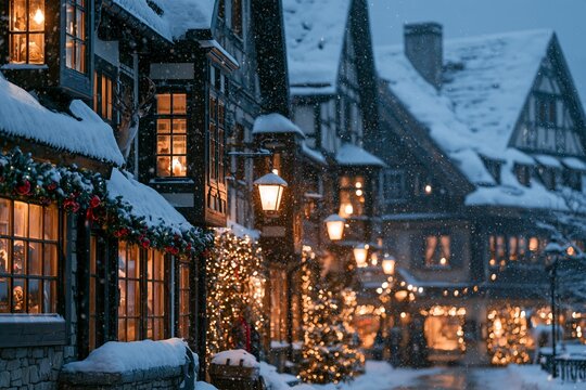 Snowfall over a European Christmas village at blue hour with glowing shop windows Generative AI