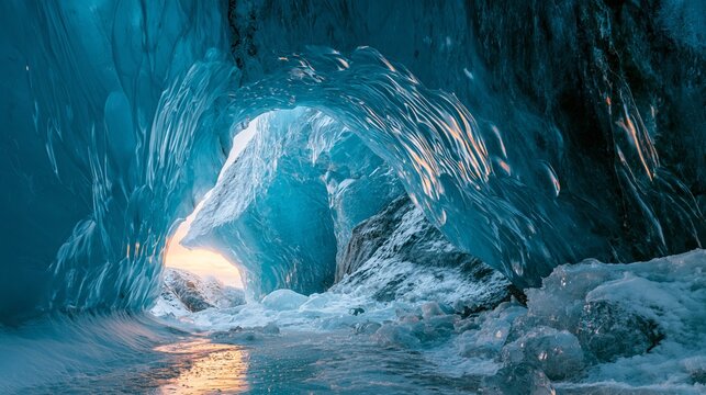 Christmas light enters a glacier cave with curved ice walls and open space for copy Generative AI