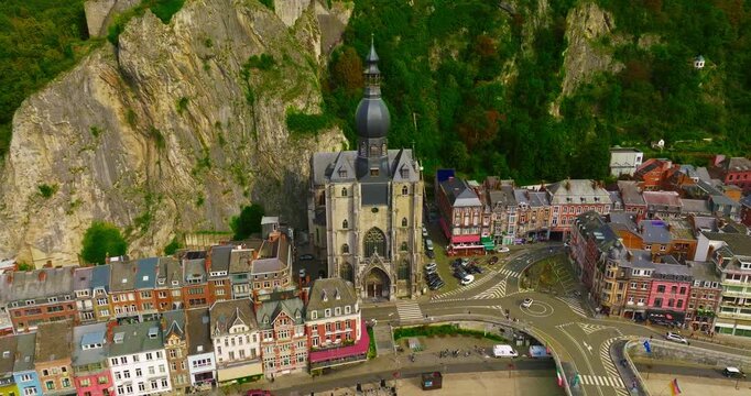 Aerial view of the beautiful, picturesque town of Dinant in Belgium, situated on the Meuse River between two cliffs
