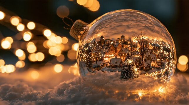 Glass Christmas ornament holds a snowy village and glowing tree on winter snow Generative AI