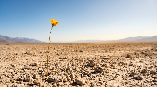 Single yellow flower growing alone in a dry desert, determination concept. A tall thin stem with one small orange-yellow bloom stands on pebbly arid ground under a clear blue sky. Low ground-level