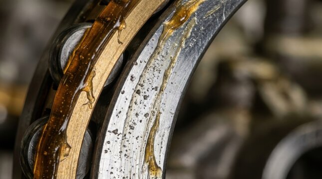 Macro cross section of spherical roller bearing showing microscopic fatigue spalling wear on inner raceway, brass cage separator, and amber synthetic grease lubrication film.