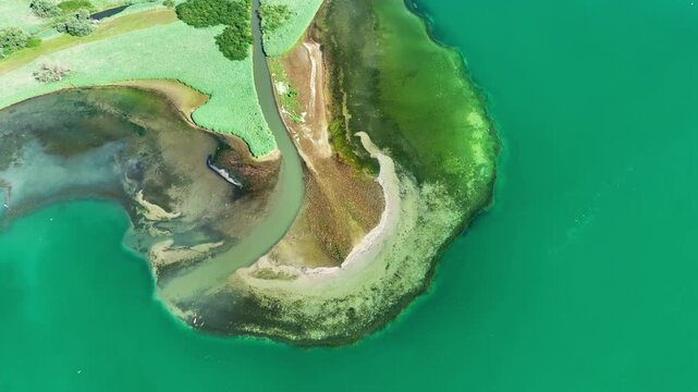 Aerial view, top down view of the mouth of the Stockacher Aach at low tide flowing into Lake &Uuml;berlingen. As a result of the deposits of entrained suspended matter and sediments from the inflow, the 