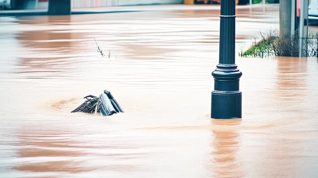 Flood water rising round a lamp post