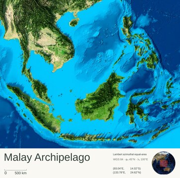 Malay Archipelago Shaded Relief Map. Physical terrain map illustration with legend, showing the geography of Malay Archipelago. Elements of the animation derived from NASA imagery and SRTM DEM.
