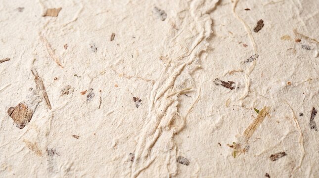 Coarse handmade mulberry paper texture in macro close-up with natural wood bark flecks, thick raised fibers, and rustic organic surface