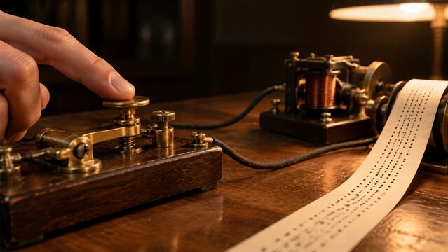 Morse Code Telegraph Operation: A close-up shot shows a hand operating a vintage Morse code telegraph machine, with perforated paper tape rolling out, illustrating a historical communication method.