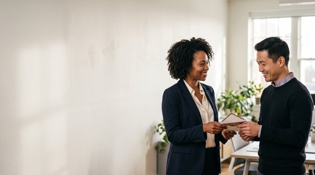 Professional woman handing an envelope to a male colleague isolated on white background