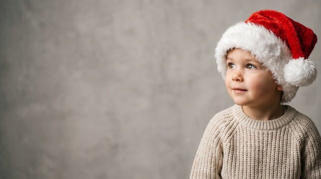 Cute toddler boy wearing a Santa hat looking away isolated on white background