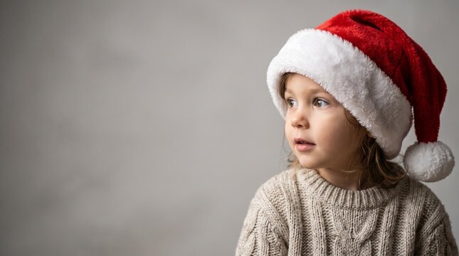 Cute little child wearing a red Santa hat looking away isolated on white background
