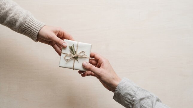 Hands exchanging a small minimalist gift wrapped in white paper isolated on white background