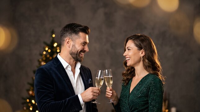 Elegant couple toasting with champagne glasses at a festive holiday party celebration