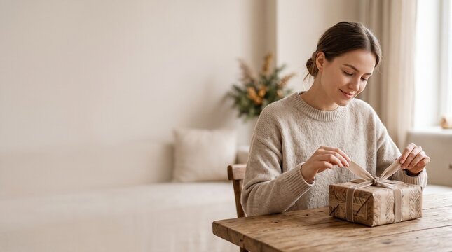 Young woman wrapping a gift box with a ribbon in a cozy home setting