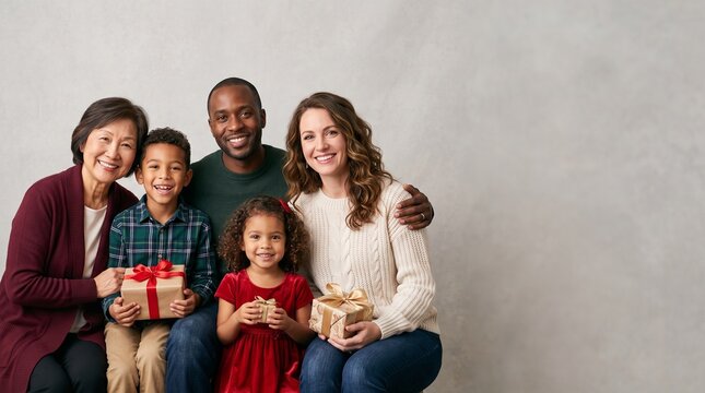 Happy multi-ethnic family with children holding Christmas gifts isolated on white background