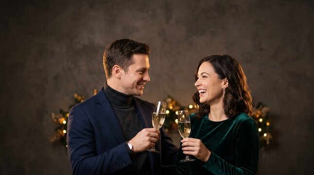 Happy couple toasting with champagne glasses at a festive holiday party