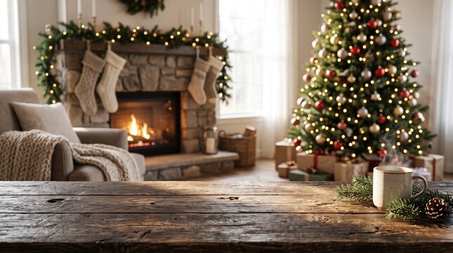 Cozy Christmas living room interior with a steaming cup on a rustic wooden table