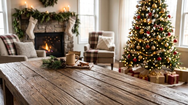 Rustic wooden table with coffee mug and Christmas decorations in a cozy living room background