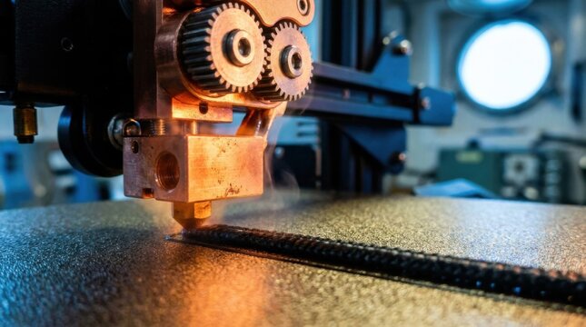 Shipboard additive manufacturing hotend depositing molten carbon composite filament onto a textured steel print bed to fabricate spare drone components in a naval workshop.
