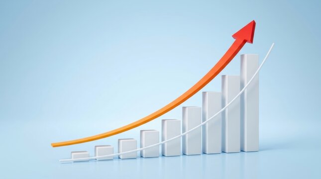 Light blue background with rising white bar chart and an orange growth arrow ending in a red arrowhead, with a thin white trend line. Concept of business growth, sales increase, finance and success.