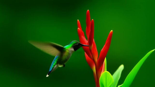 Hummingbird hovering at a red flower