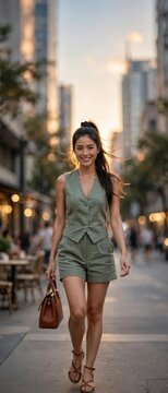 Smiling woman in green vest walking on city street during golden hour