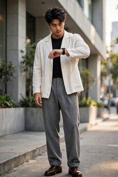 Man checking smartwatch wearing white blazer gray pants brown shoes