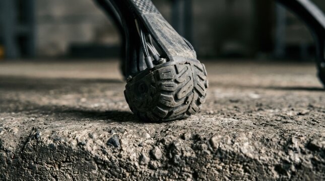 Macro closeup of an agile quadruped robot multi-axis force sensing rubber foot with rugged traction tread resting on concrete with telemetry wiring.