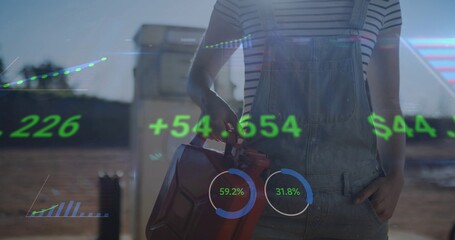Holding red jerry can, female torso wearing striped shirt, overalls at pump, showing financial data © vectorfusionart