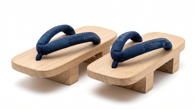 Pair of traditional wooden geta sandals with indigo fabric straps on a white background