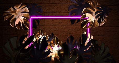Obraz premium Glowing purple neon frame at brick wall, casting light on metallic gold and dark matte leaves