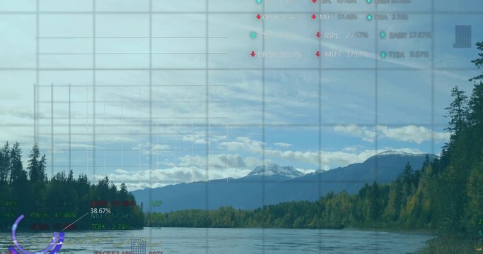 Showing river flowing through pine valley at riverside, with HUD overlays and snowcapped mountain