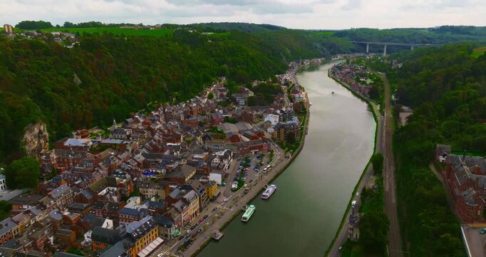 Aerial view of the beautiful, picturesque town of Dinant in Belgium, situated on the Meuse River between two cliffs