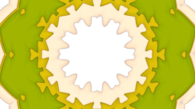 A mesmerizing kaleidoscopic display featuring vibrant lime-green patterns with repeating circular motifs composed of concentric rings in bright and warm colors