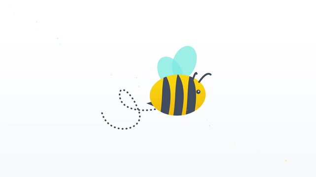 Cute cartoon bee flying with a dotted flight path on a clean white background in flat vector style
