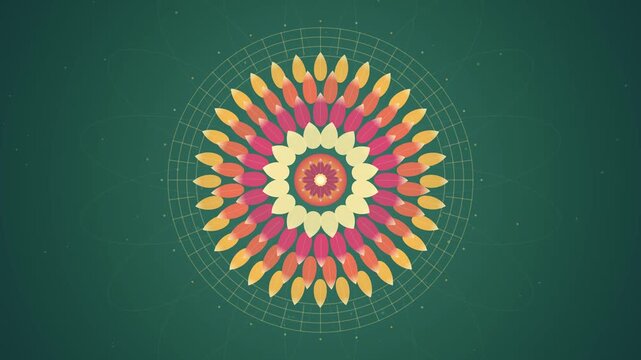 Vibrant abstract geometric mandala illustration with concentric circular patterns and colorful floral motifs on a dark green textured background