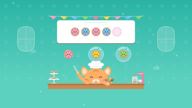 Cute kitten chef kids quiz with answer bubbles loop animation bakery cartoon art