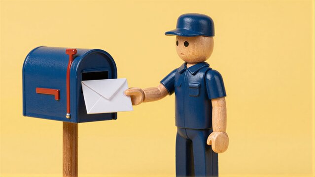 Wooden mailman places letter into blue mailbox against yellow background.