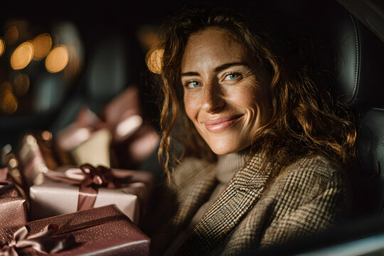Smiling lady sitting in car on back seat with Christmas gift boxes, going to congratulate friends and relatives on the eve of winter holidays