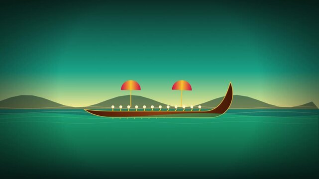 Vector illustration of a traditional Indian snake boat floating calmly on green backwaters at sunset