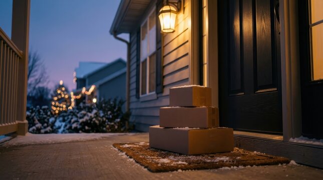 Stacked cardboard delivery boxes sitting on a doormat in front of a house door during winter twilight