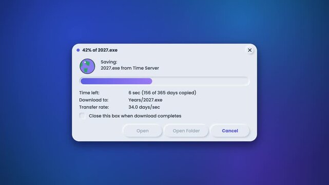 Neumorphic download window saving 2027 day by day with spinning globe and time left countdown for New Year launch intros
