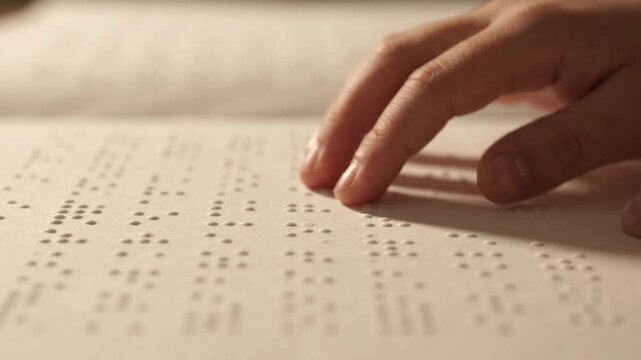 Fingers reading Braille book close up on tactile text concept of accessibility education and overcoming visual impairment with touch